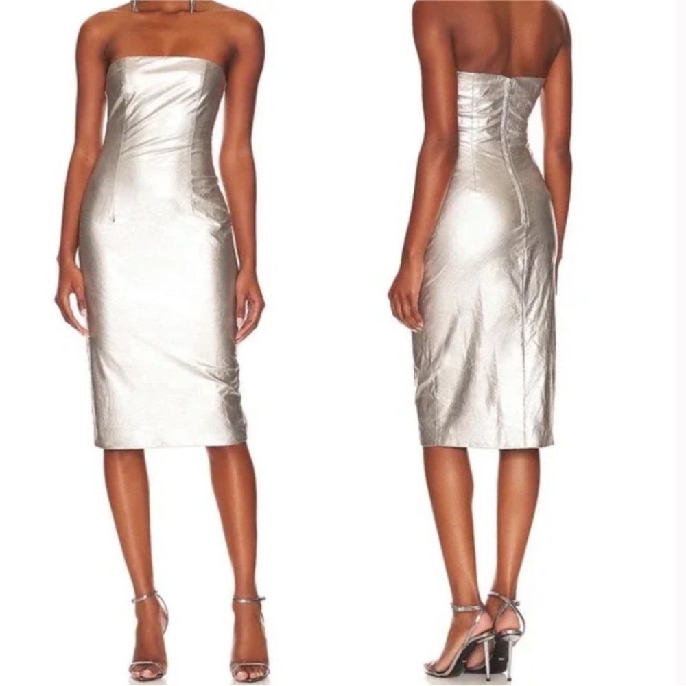 NEW h:ours by Revolve Gloria dress strapless vegan leather dress in silver